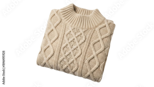 Billede på lærred Isolated beige knit sweater with cable knit pattern, thick ribbed collar on soli