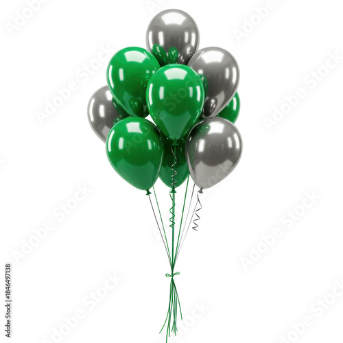 A cheerful bundle of seven emerald green and six metallic silver glossy, reflective balloons tied with ribbons, floating on a bright white background with negative space. Celebratory atmosphere
