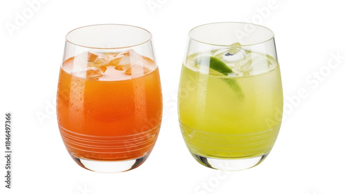 Tablou pe pânză Isolated drinks of fresh fruit juice with ice cubes in modern tumblers ready to