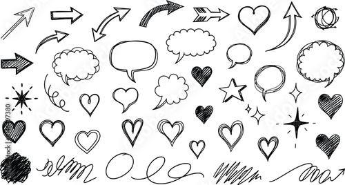 A collection of hand drawn hearts stars speech bubbles and arrows