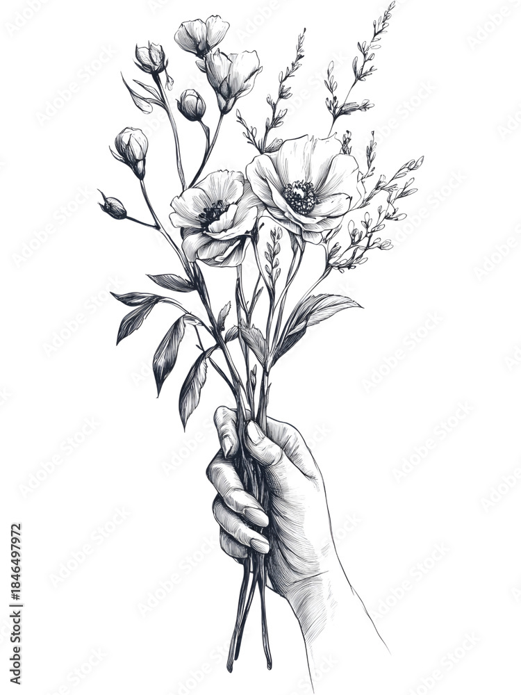 Obraz premium Minimal engraved illustration of a hand holding a bouquet of flowers. Suitable for elegant designs, invitations, stationery, and timeless botanical artwork.