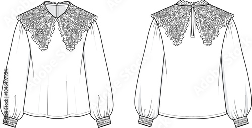 Women lace collar blouse technical flat, front and back view, apparel cad drawing flat vector illustration for fashion design
