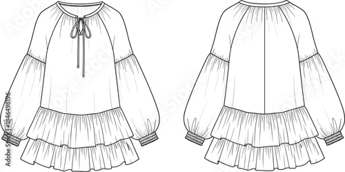 Women ruffle dress technical flat, front and back view, apparel cad drawing flat vector illustration for fashion design