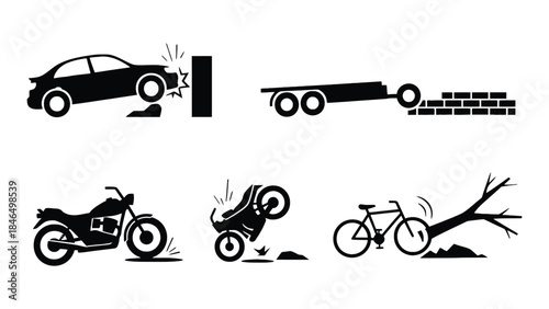 Vehicles crashing and falling in black silhouette illustrations