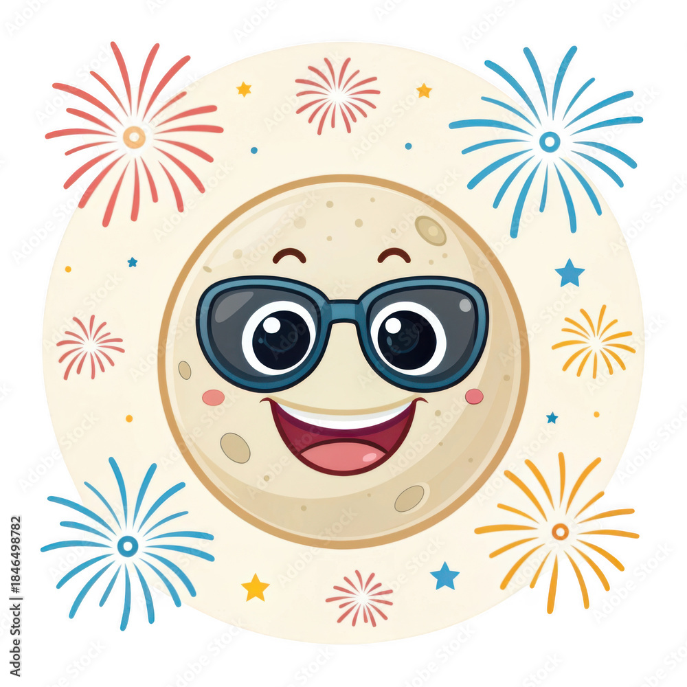 Obraz premium Happy cartoon moon character wearing sunglasses with fireworks celebration art