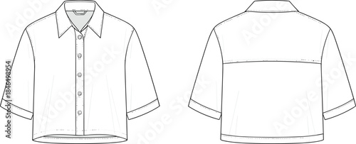 Men cropped short sleeve shirt technical flat, front and back view, apparel cad drawing flat vector illustration