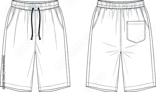 Men drawstring shorts technical flat, front and back view, apparel cad drawing flat vector illustration for fashion design