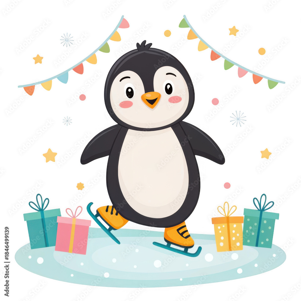 Fototapeta premium Cute penguin ice skating among gifts and festive bunting under a starry night sky