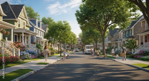 A vibrant, colorful street scene with a mix of residential houses, green trees, and people walking on the sidewalk.