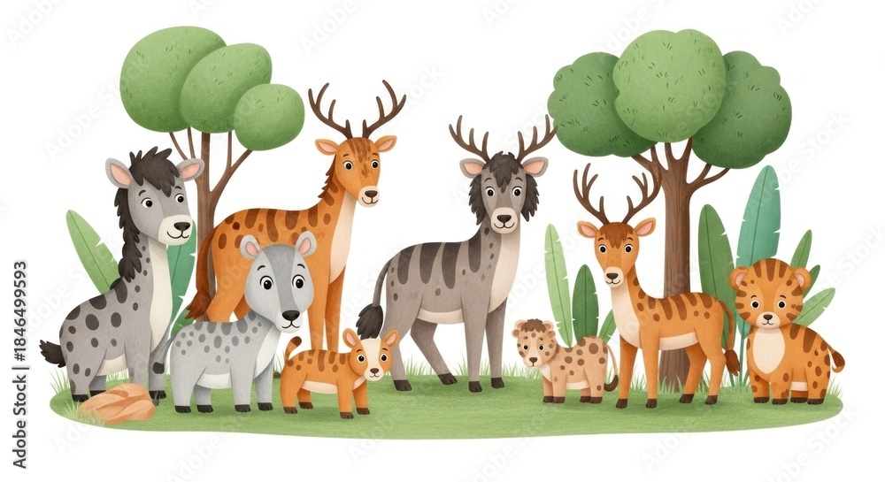 Fototapeta premium A group of wild animals, including zebras, antelopes, and hyenas, standing in a grassy field with trees in the background.