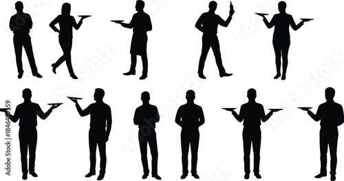 Waiter Silhouettes Vector, Serving Tray Poses, Restaurant Staff Illustration, Hospitality Workers Clipart, Catering Service Design, Professional Gestures Collection