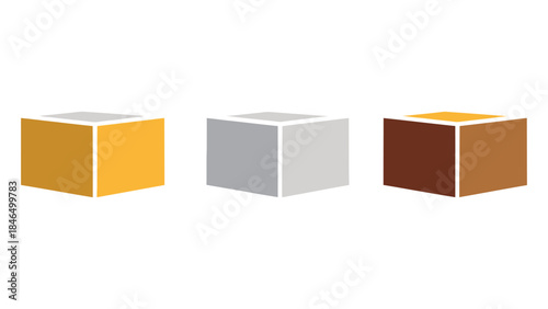 Three colored cubes in a row on white background