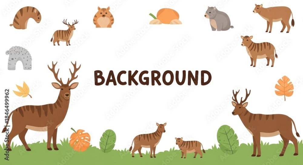 Obraz premium A collection of various animals and objects arranged in a flat, cartoonish style on a white background.
