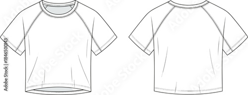 Cropped T-shirt fashion template featuring raglan sleeves, curved hem, clean seam lines and technical detailing for apparel design cad drawing flat vector illustration