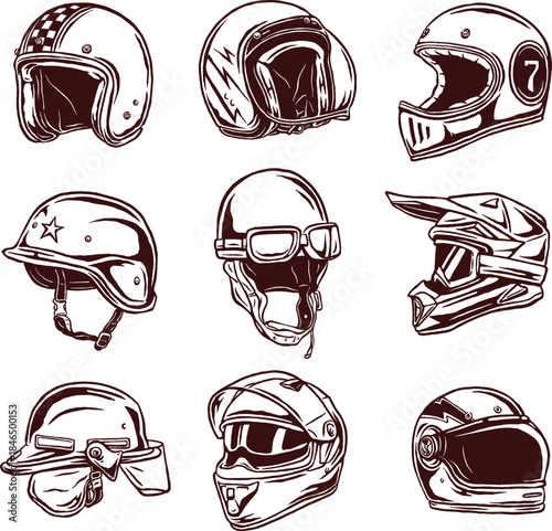 A collection of retro motorcycle helmet illustrations featuring bold symbols like skulls, flames, wrenches, checkered flags, and mohawks.
