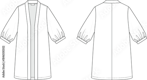 Kimono cardigan fashion template with relaxed silhouette, open front, gathered sleeves, clean seam detailing for apparel design technical cad drawing flat vector illustration
