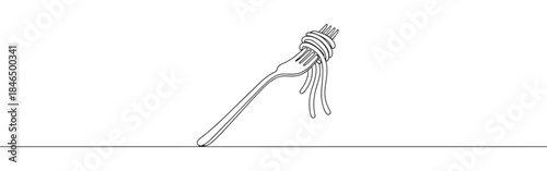 Continuous one line drawing of pasta on a fork. Vector illustration of Italian spaghetti noodle isolated on white background. Minimalist food concept
