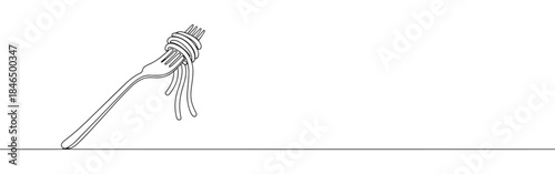 Continuous one line drawing of pasta on a fork. Vector illustration of Italian spaghetti noodle isolated on white background. Minimalist food concept
