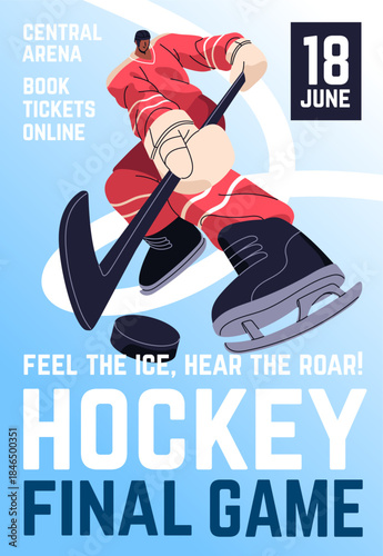 Ice hockey match event poster design with skating player hits puck with stick. Advertising template of winter sports game. Layout with sportsman plays in competition. Flat vector illustration