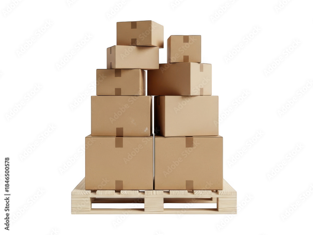 Fototapeta premium Stack of cardboard boxes on pallet isolated on transparent background