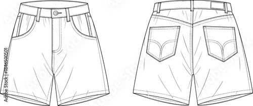 Denim shorts fashion template featuring detailed front and back views, pockets, seams, waistband and stitching elements for apparel design cad drawing flat vector illustration