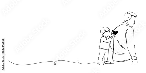 Continuous one line drawing of a child sticking a heart, representing innocent and cute love on Father's Day, father's day celebration, line art style vector illustration.