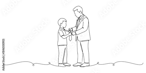 Continuous one line drawing of a son giving a tie to his father, representing respect and affection, line art style vector illustration.