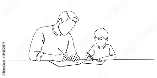 Continuous one line drawing of father and son drawing together at the table, representing Father's Day creative moment, father's day celebration, line art style vector illustration.
