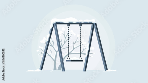 Snow covered swing set in a winter park minimalist illustration for seasonal concepts isolated on li