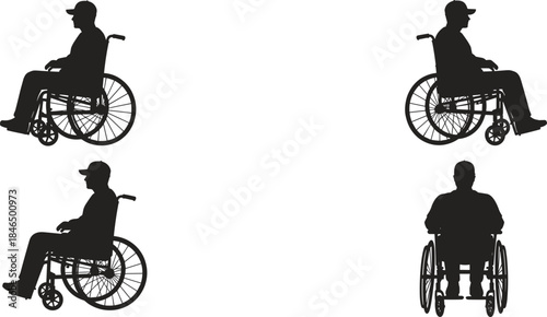 Wheelchair silhouettes from multiple angles, disabled mobility icons, side and rear views, inclusive accessibility vector illustration for medical, educational, design, public signage, advocacy