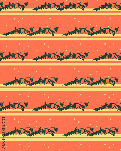 Vector bright orange background, on which yellow stripes, buds and leaves of chamomile are arranged, forming a seamless pattern.