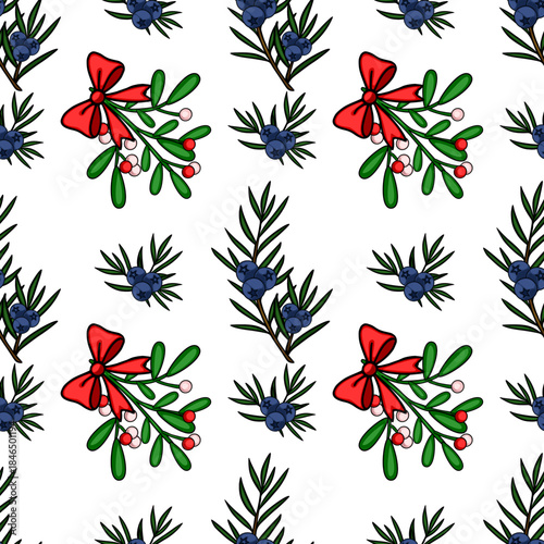 Seamless vector pattern featuring stylized juniper branches with blue berries and festive red bows, accented by mistletoe sprigs with red and pink berries.