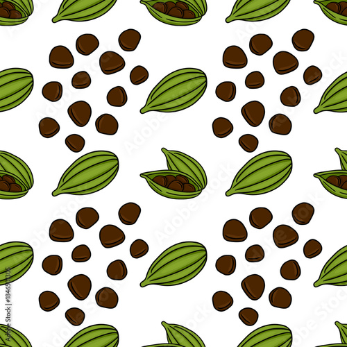 Seamless vector pattern featuring vibrant green cardamom pods and scattered brown seeds, perfect for culinary or botanical themes.