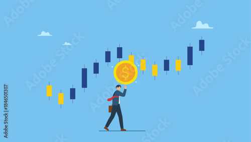 Businessman trader hold money dollar coin with chart and graph. Stock market trader, technical analysis to buy and sell stock to earn profit, investment or wealth management, trend following.