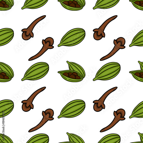 Seamless vector pattern of green cardamom pods and brown cloves with a white background.