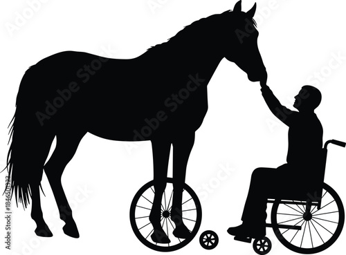 Wheelchair user bonding with horse, disabled person touching horse face, accessibility and animal therapy, equine companionship, inclusive rehabilitation scene, vector silhouette illustration