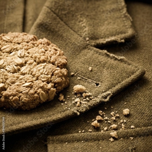 Rustic oatmeal cookie rests upon textured olive drab military fabric surface close up
