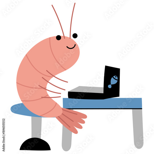 Funny flat illustration of a shrimp sitting at a desk and working on a laptop. Creative character for remote work, freelancer life, humor design, tech and office concepts.