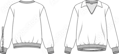 Sweater fashion template featuring crew neck back and V-neck front, ribbed cuffs and hem, detailed stitching for apparel design cad drawing flat vector illustration