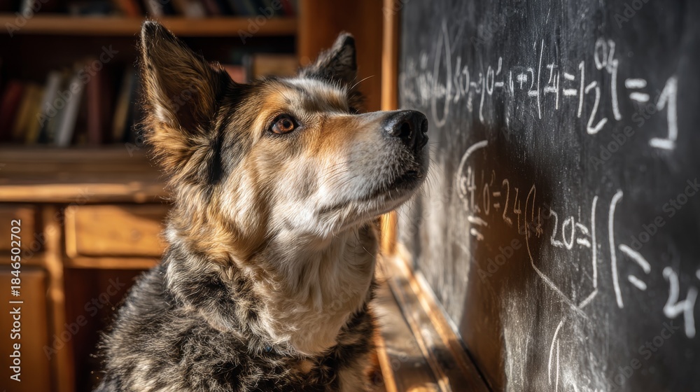 Obraz premium A focused canine contemplates math equations written on a chalkboard. Warm lighting highlights the dog's attentive expression