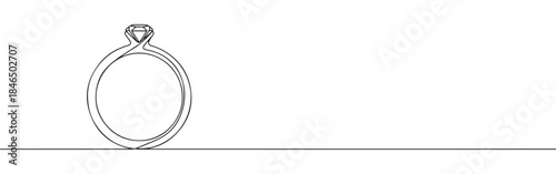 Continuous one line drawing of a diamond ring. Vector illustration of wedding or engagement jewelry isolated on white background. Minimalist love concept