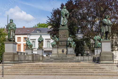 View of the Luther monument in Worms. The text on the monument says Here I stand, I can do no other God help me Amen