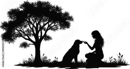 Woman kneeling with dog under tree in grassy meadow, human animal bond, dog training session, peaceful outdoor moment, silhouette vector illustration