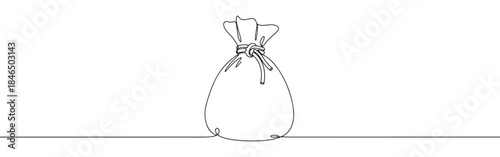 Continuous one line drawing of a money bag. Vector illustration of a sack tied with a rope isolated on white background. Minimalist finance concept