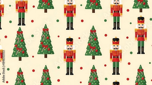 Festive Christmas Pattern with Nutcrackers and Trees.
