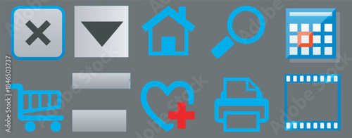 Collection of simplistic blue and gray app icons on a dark gray background