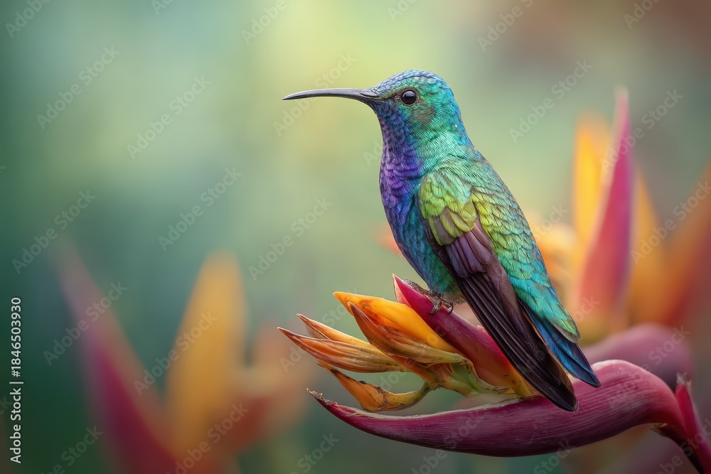 Naklejka premium Vibrant colibri hummingbird perched on exotic flower in tropical garden showcasing nature's beauty at dawn