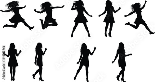 Woman silhouette, fashion pose, high heels, dance motion, walking gesture, elegant dress, stylish female, vector art, black figure, white background