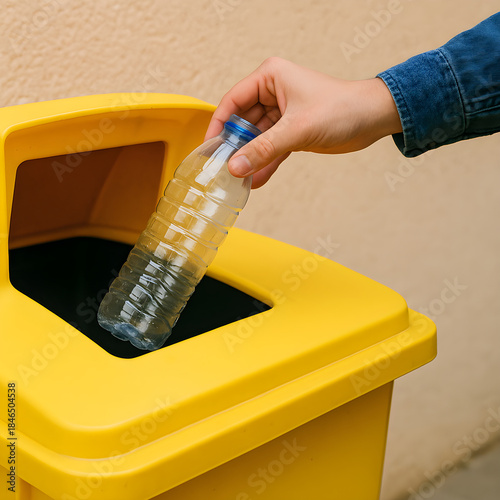 Hand dropping plastic bottle into yellow recycling bin