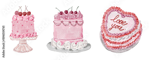 Hand-painted whimsical watercolor pink cakes: a layered cake, a frosted cake with cherries, and a heart “love you” cake. Dessert illustrations ideal for bakery branding Valentine’s Day designs